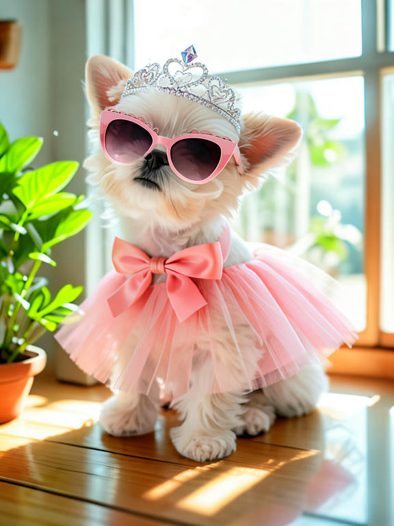 Pet dressed in princess fashion accessories by PawFav AI