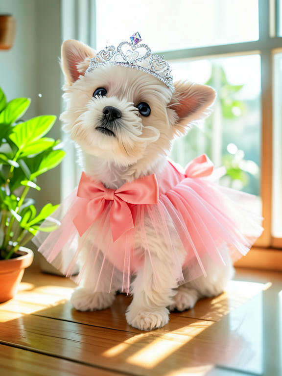 Pet dressed in princess accessories by PawFav AI