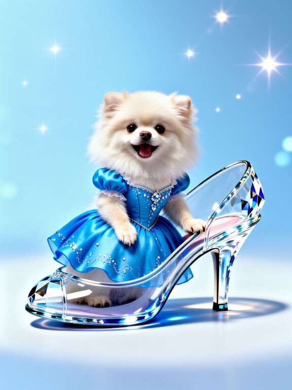AI pet portrait of pomerian in glass slipper cinderella fairy tale by PawFav