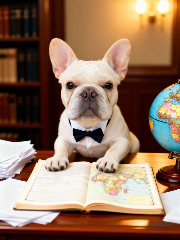Custom pet portrait of French Bulldog studying in home office by PawFav, perfect for DIY dog mom gifts