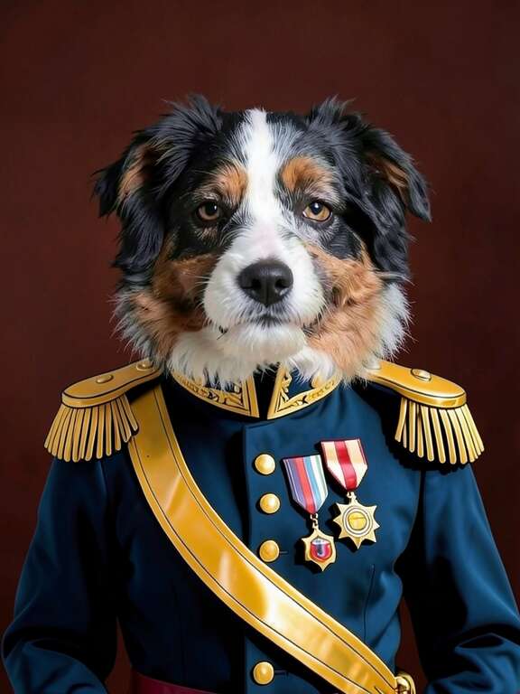 Regal pet portrait in navy military uniform style by PawFav AI