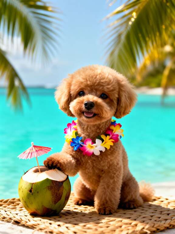 Pet in tropical lagoon vacation backdrop by PawFav AI