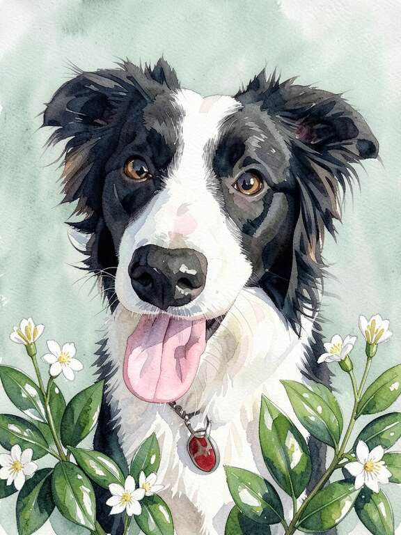 Digital pet art in soft watercolor floral style